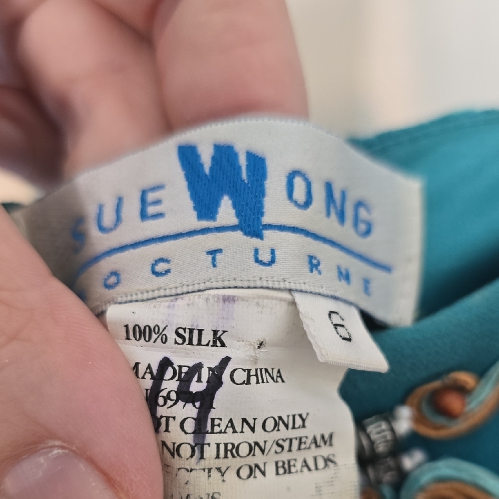 Sue Wong Green And Blue Color Block Beaded 100% Silk Dress - Picture 3 of 6